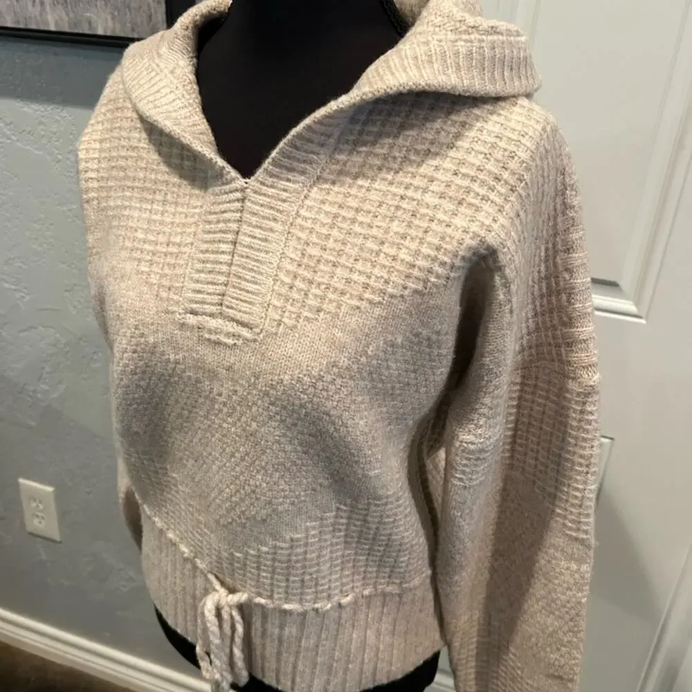 Flag & Anthem Womens S Cream Waffle Knit Sweater Hoodie Pullover Soft Cozy EUC